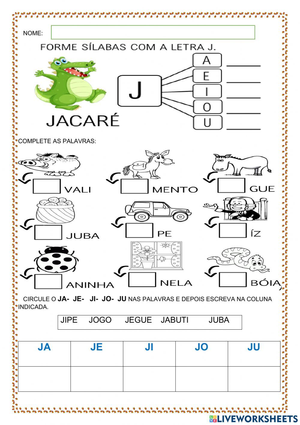 Atividade letra j worksheet